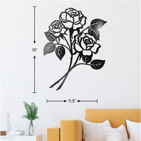 Rose Wall Decor Black Metal Art - Rose Flower Wall Decor Black Metal Wall Decor - Picture 4 of 7